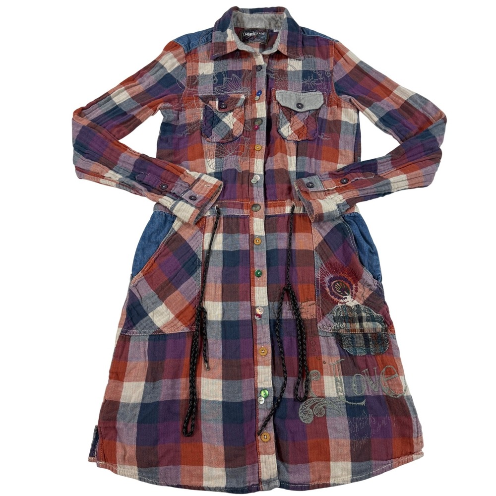 Desigual Plaid Patchwork Shirt Dress Women's 38 Embroidery Cotton Boho Whimsical